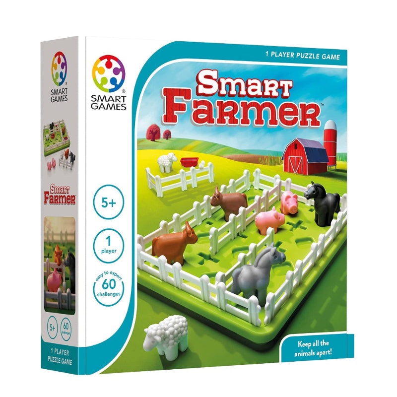 Smart Farmer puzzle game by SMART GAMES; single-player farm with colorful animals and white fences.
