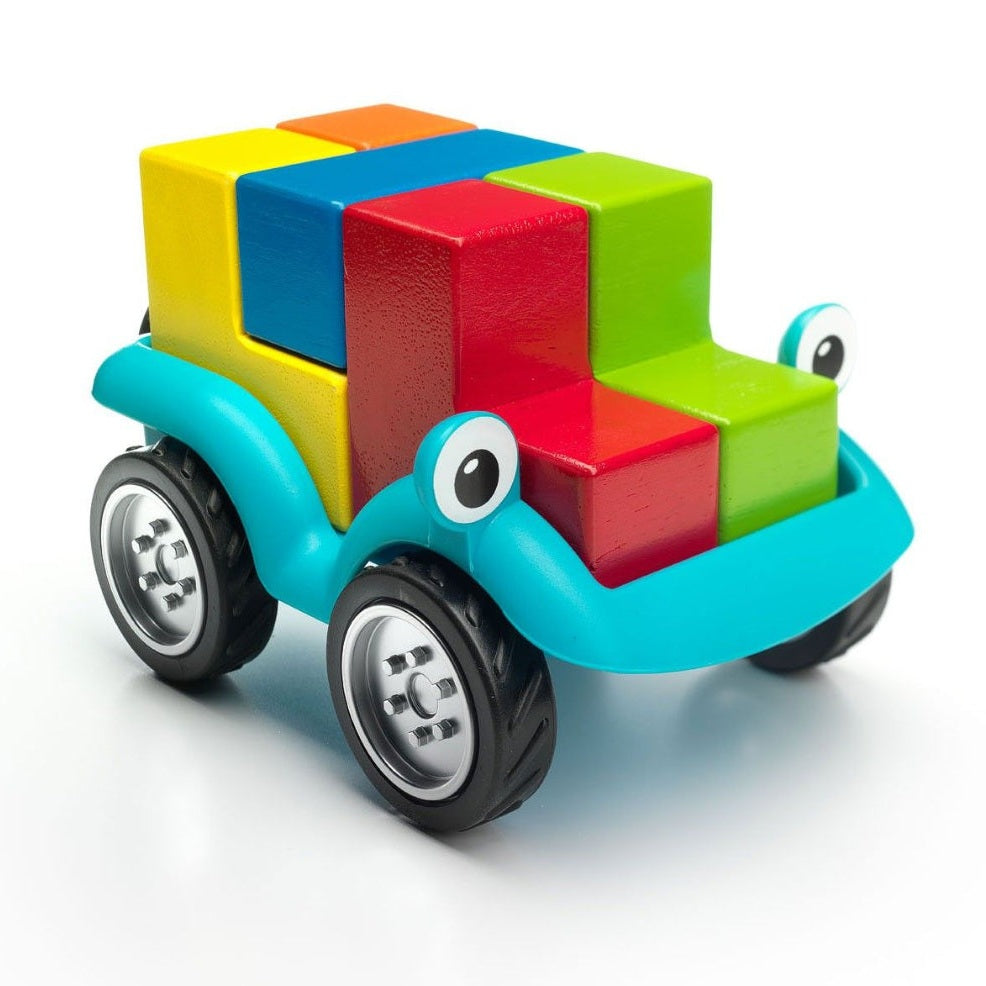 Smart Games Smartcar 5X5 wooden toy car with bright multicolor blocks on turquoise chassis
