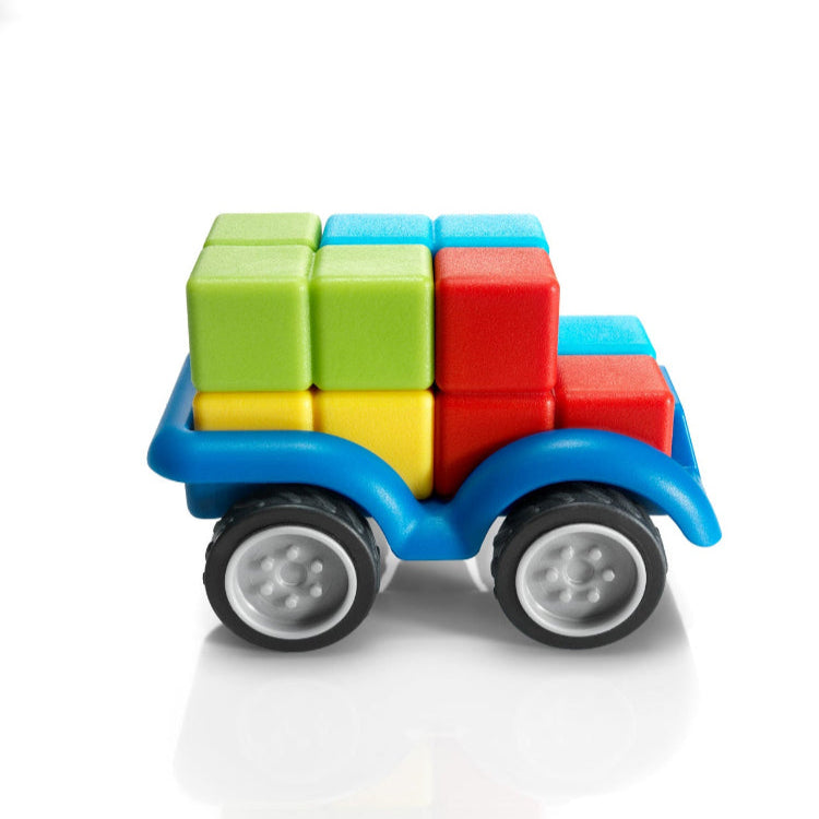 Smart Games Smartcar Mini toy car with blue chassis carrying six colorful blocks: green, yellow, red, and blue