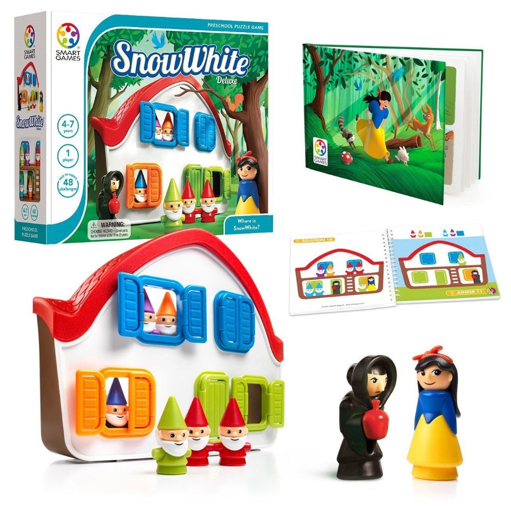Snow White Deluxe puzzle by Smart Games; colorful house panels and dwarf figurines, educational toy.