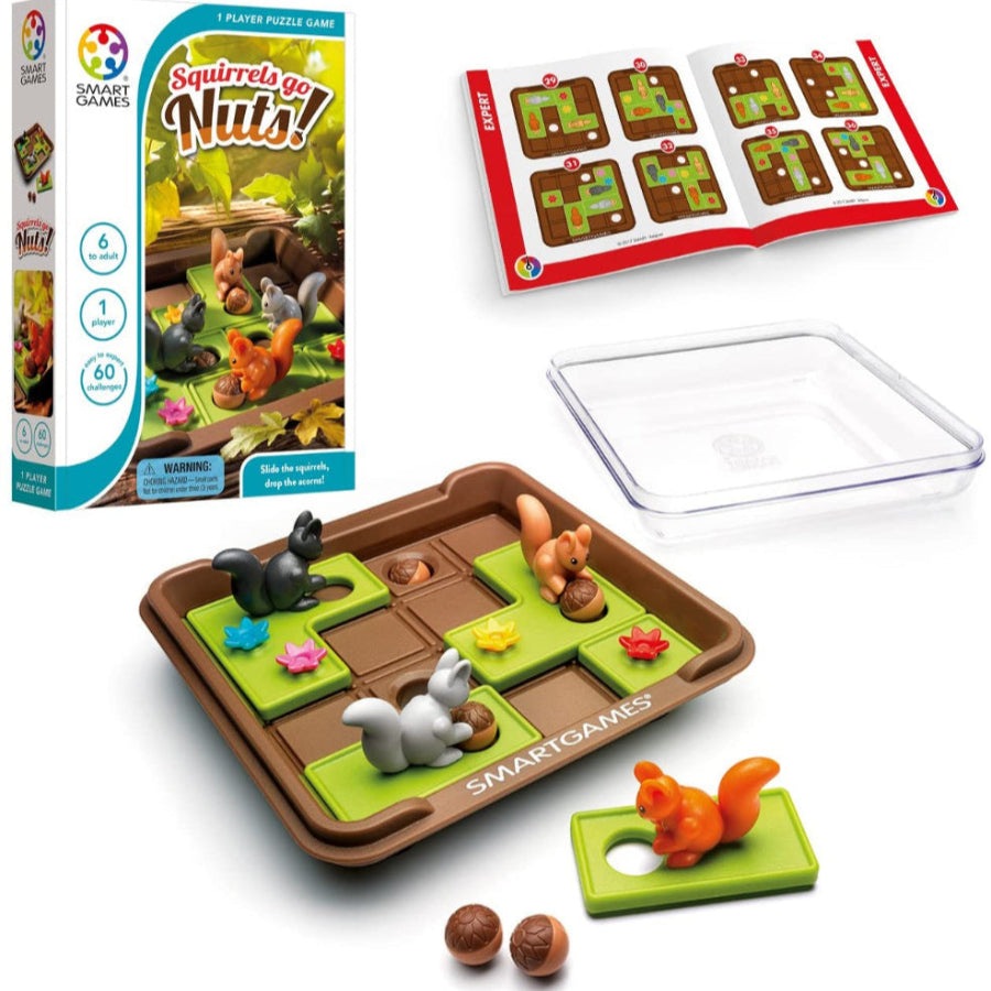 Smart Games Squirrels Go Nuts board game with brown tray, green tiles, squirrel minis and acorns