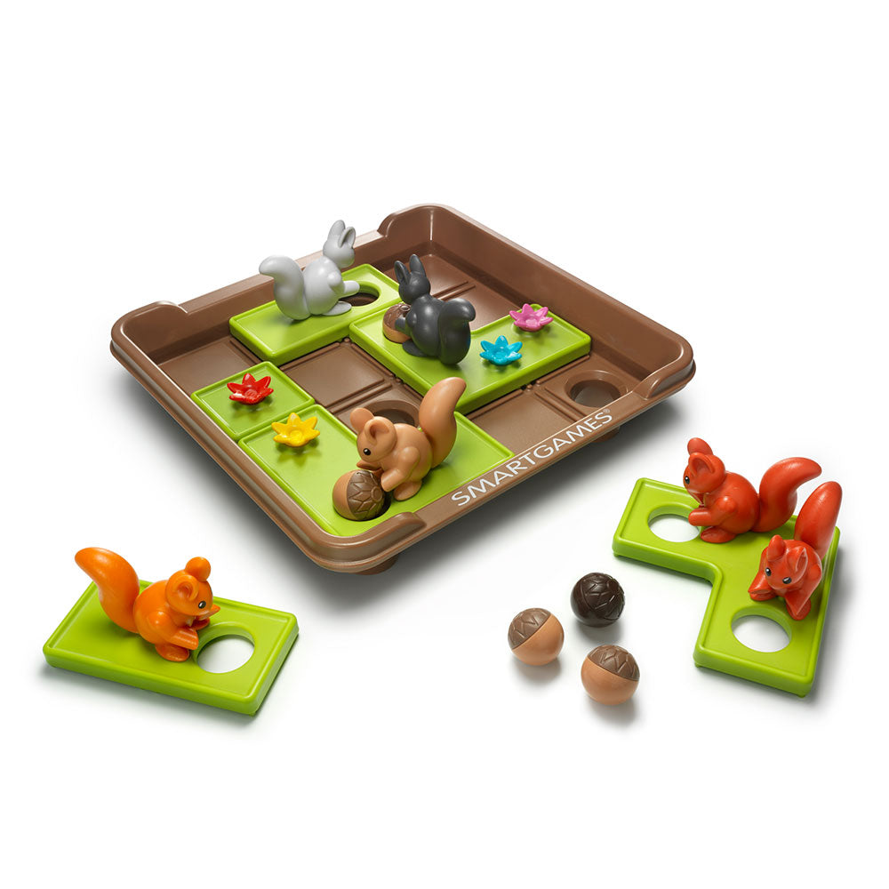 Smart Games Squirrels Go Nuts XXL board game with brown tray, green bases, and colorful squirrel figures with nuts