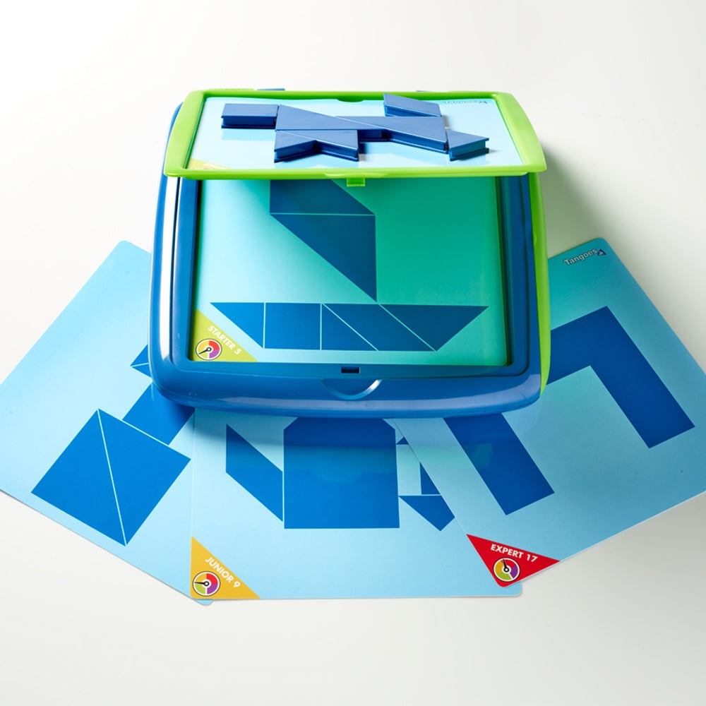 Smart Games Tangoes Jr puzzle game; blue and green board with magnetic geometric shapes on cards SMART GAMES