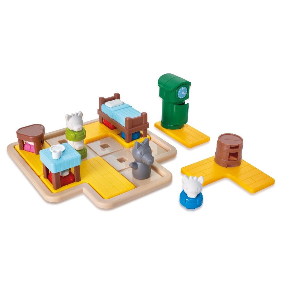 Smart Games Wolf & the Seven Goats board game with goat and wolf figures on yellow tiles