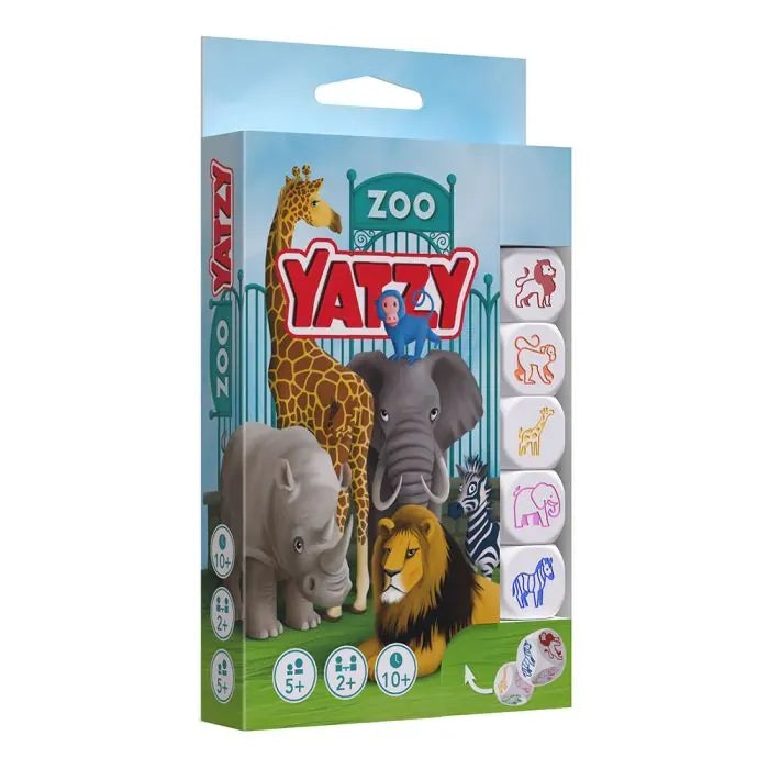 Smart Games Zoo Yatzy box with colorful animal illustrations and animal-icon dice for family-friendly play.