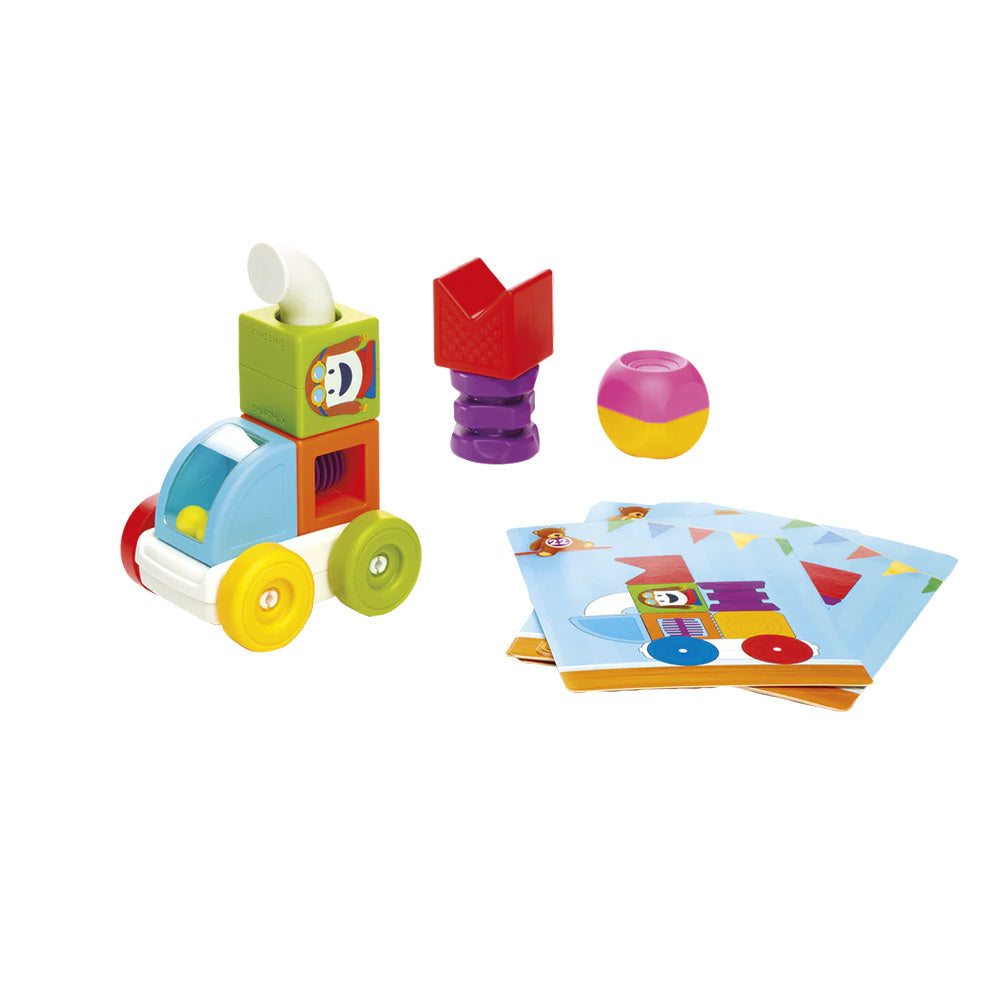 Colorful toy set with blocks and cards on a white background
