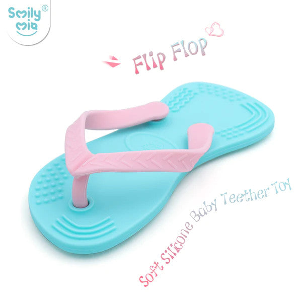 Smily Mia & Dommy flip flop teether duo pack, blue sole with pink strap, soft silicone baby teether