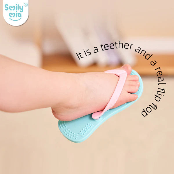 Smily Mia & Dommy flip flop teether duo pack; teal blue teether with pink strap for babies