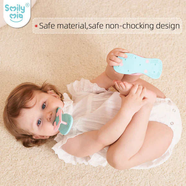 Smily Mia & Dommy flip flop teether duo pack; two teal silicone teethers for baby teething.