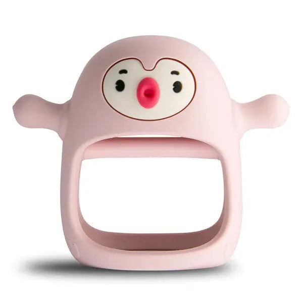Smily Mia & Dommy Penguin silicone soothing teether in pastel pink with outstretched arms and wide mouth grip