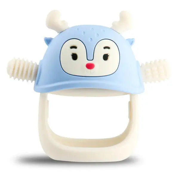 Smily Mia & Dommy Reindeer silicone teether, blue with white handles; baby grips the curved ring to soothe gums.