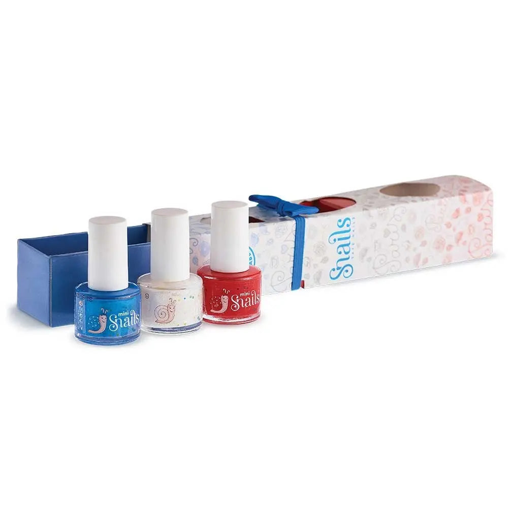 Snail Mini 3 Pack nail polishes by STORTZ TOYS, blue, white speckle, and red bottles lined beside a gift box.