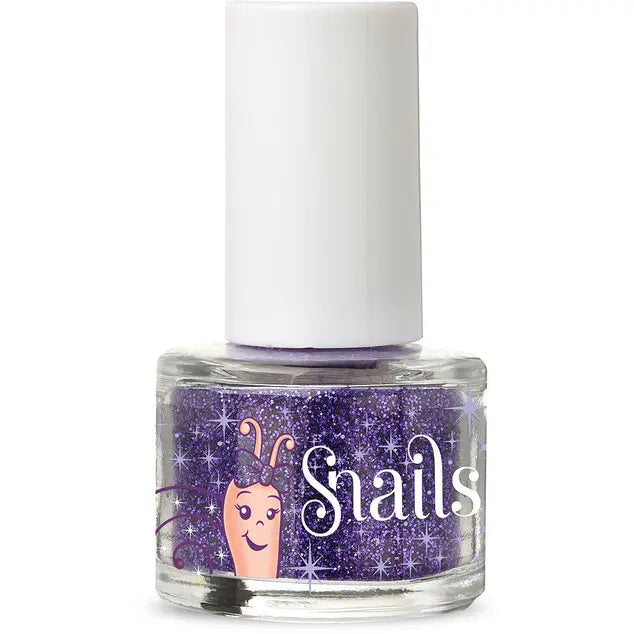 Snails Nail Glitter by STORTZ TOYS: purple glitter polish in a clear bottle with a white cap.