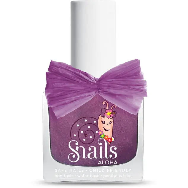Snails Nail Polish Aloha Collection bottle with purple glitter and tied purple bow, STORTZ TOYS.