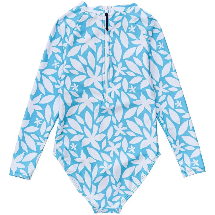 Snapper Rock Aqua Bloom Sustainable Ls Surf Suit in blue with white leaf print, featuring long sleeves and zip front for easy wear