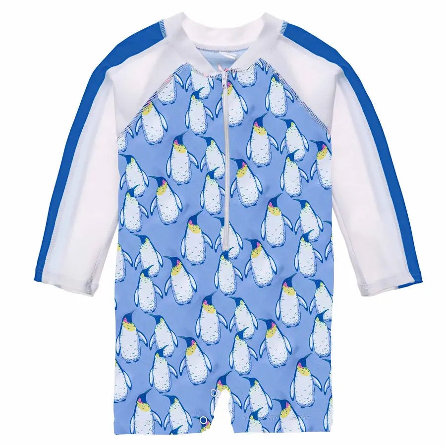 Snapper Rock Penguin Patrol LS Sunsuit, blue penguin print with white sleeves and front zipper for sunny days.