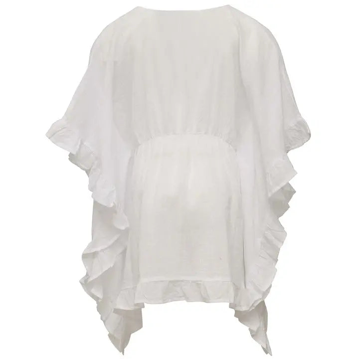 Snapper Rock White Frilled Cover Up, lightweight swimwear cover up with cascading ruffles draped over the back.