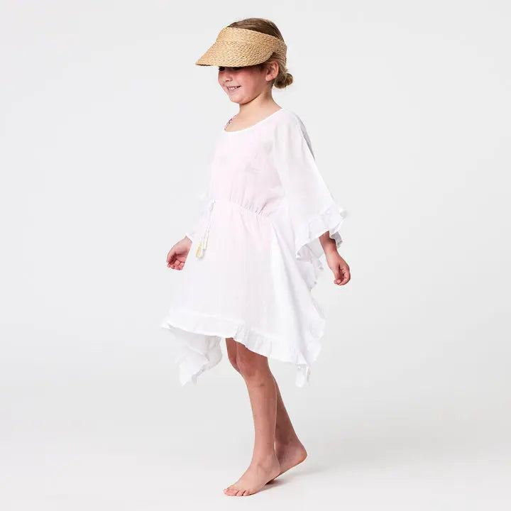 Snapper Rock White Frilled Cover Up worn by a smiling girl; airy tunic with a tied waist, walking barefoot.