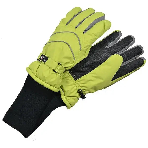 Snowstoppers Nylon Gloves Lime pair with black palm grips shown laid flat for winter warmth.