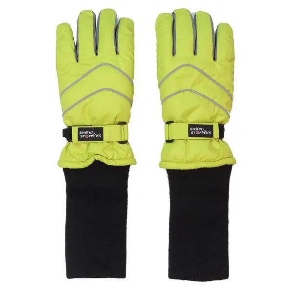 Snowstoppers Nylon Gloves Lime pair with reflective piping, shown on black sleeve cuffs with adjustable straps.