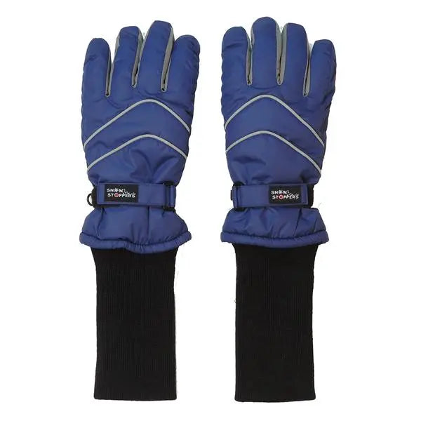 Snowstoppers Nylon Gloves Navy for toddlers, quilted blue mittens with reflective piping, shown over black knit cuffs.