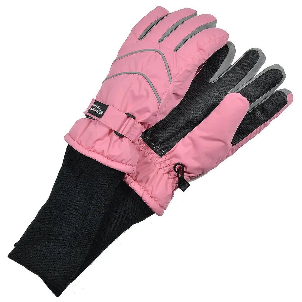 Snowstoppers Nylon Gloves Pink, pink nylon with black textured palms, shown worn on a kid's hand with elastic cuffs.