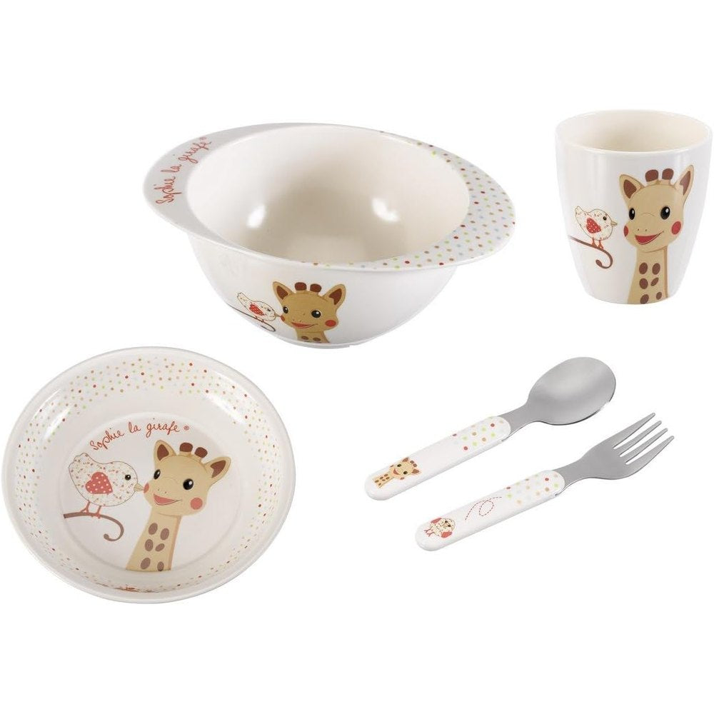 Sophie la Girafe Fresh Touch Kiwi 5-piece mealtime set: bowl, plate, cup, spoon and fork with colorful dots