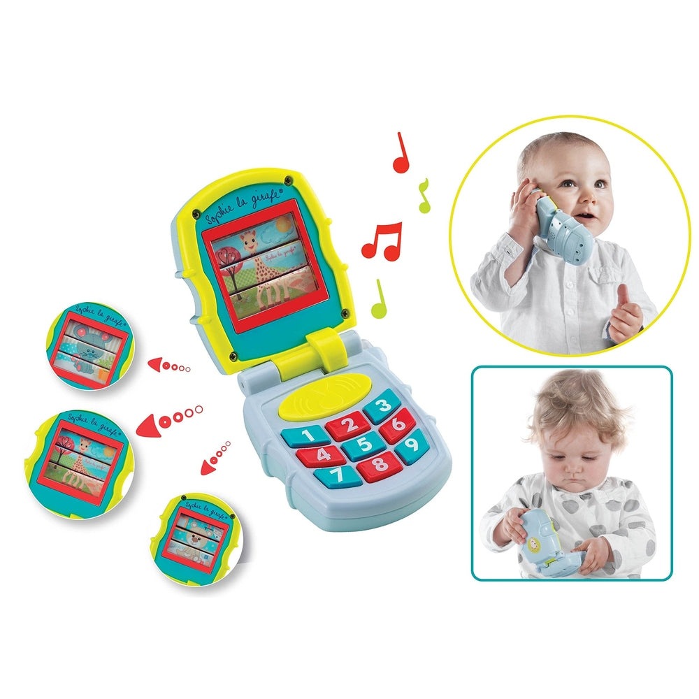 Sophie la Girafe Fresh Touch Musical Phone toy with turquoise body and yellow frame, red keypad.