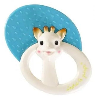 Sophie La Girafe Teether Rattle: white giraffe head attached to a blue silicone disk teether on a grip ring.