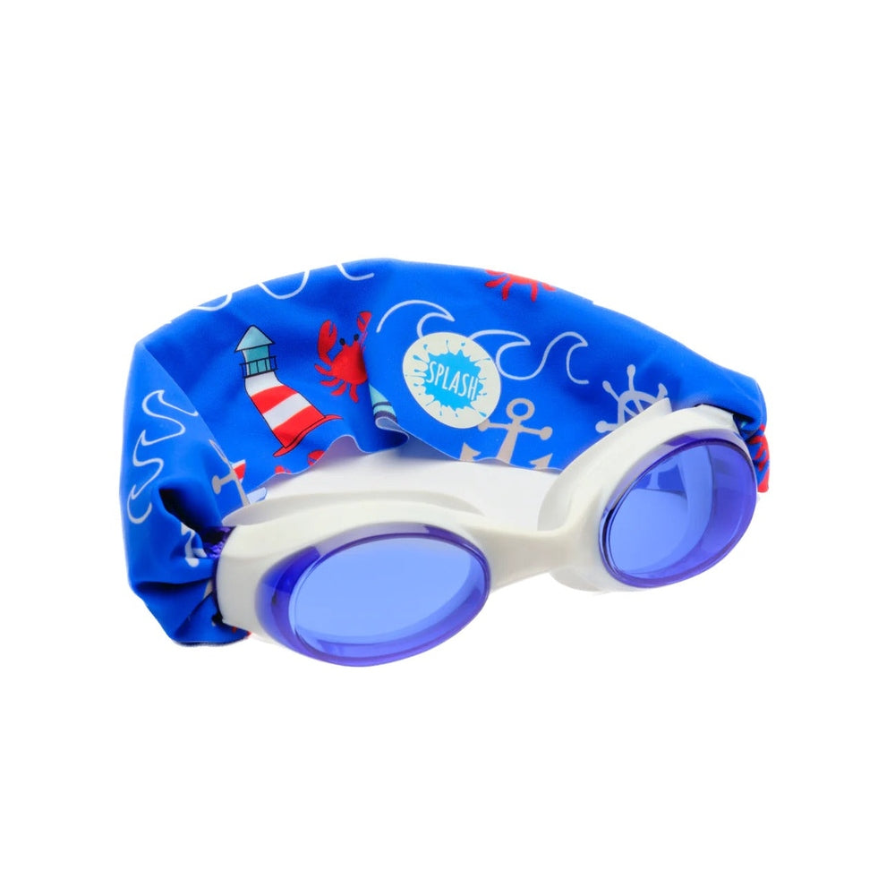 Splash Anchors Away Swim Goggles in blue with purple-tinted lenses and anchor-pattern swim cap.