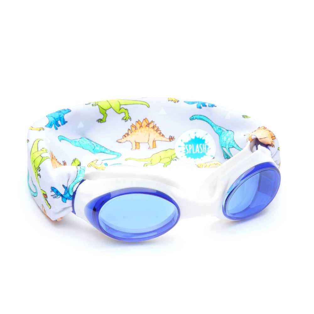 Splash Swim Goggles Dino; white frame, blue lenses, dinosaur-pattern strap with SPLASH logo