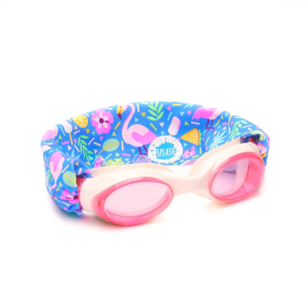 Splash Swim Goggles Flamingo Pop with pink lenses and pink frames on a blue tropical-pattern headband