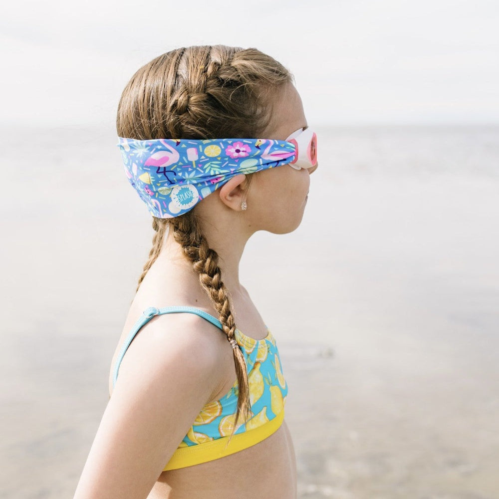 Splash Swim Goggles Flamingo Pop by SPLASH, blue floral pattern with pink accents
