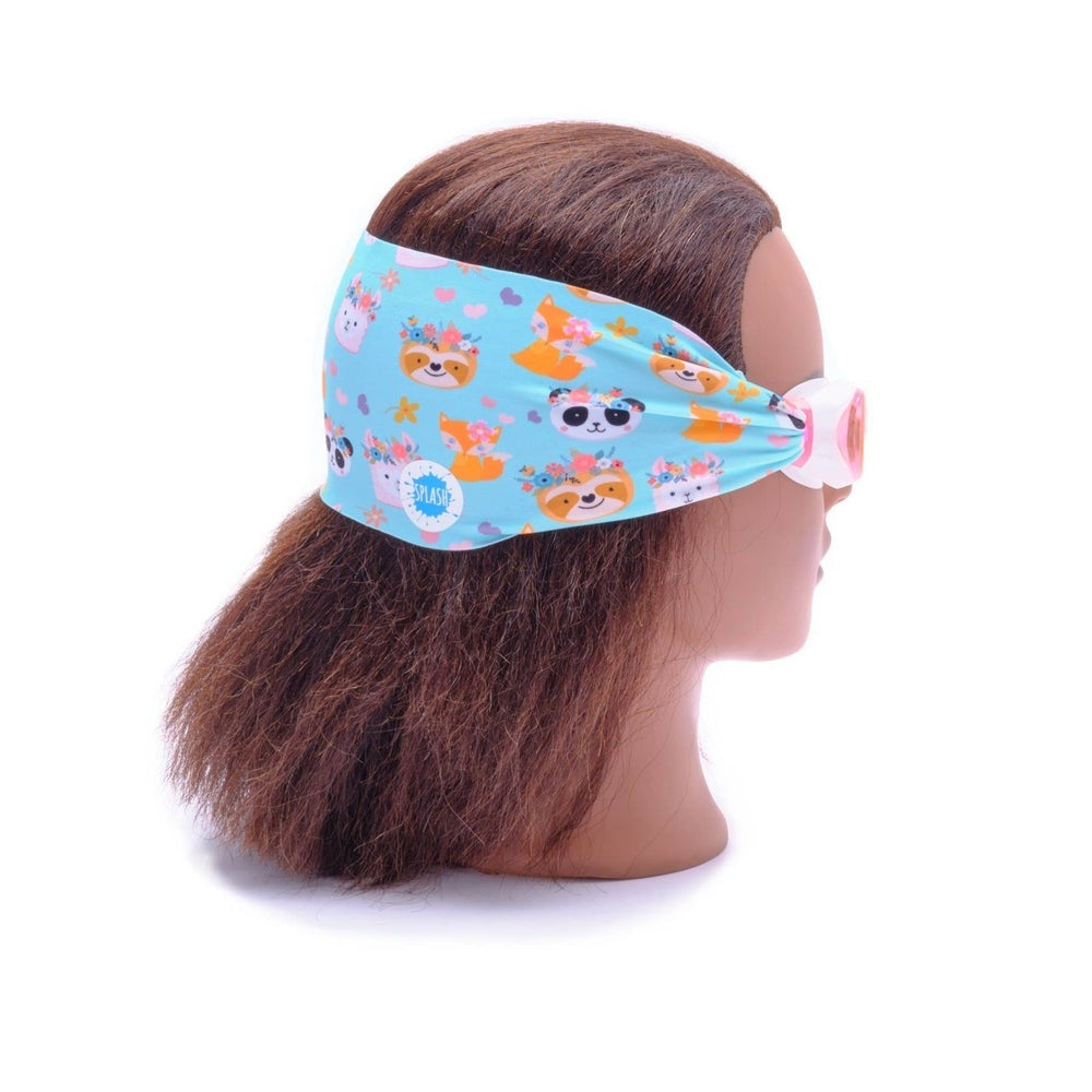 Splash Swim Goggles Forest Friends headband-style goggles with blue animal-print pattern and pink accents