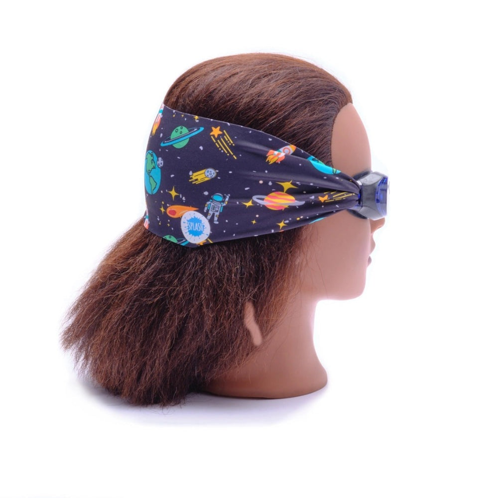 Splash Swim Goggles Galactic swimming goggles with navy space-themed headband on mannequin head