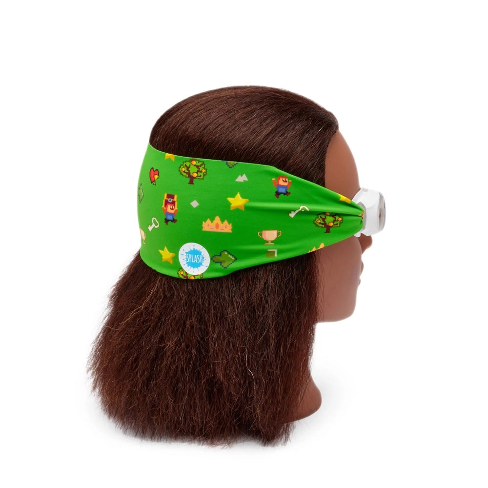 Splash Level Up Swim Goggles in Green printed strap with white-framed goggles, side view