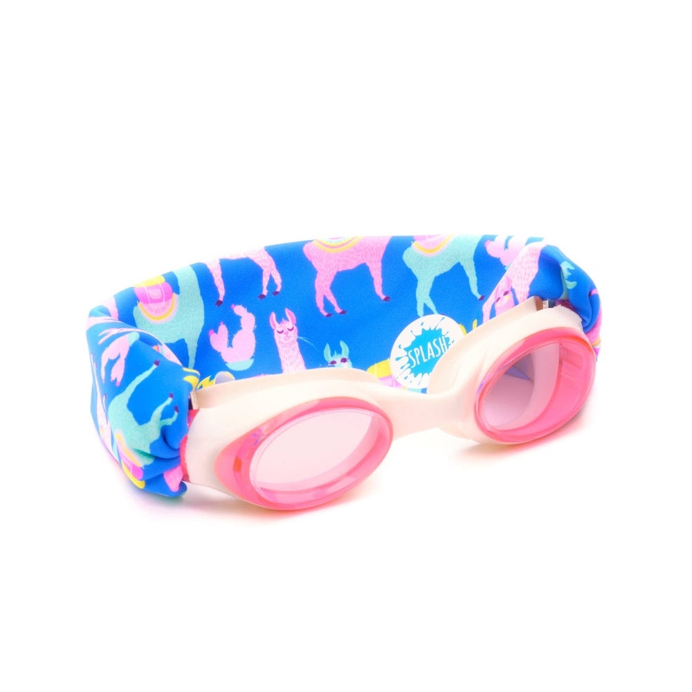 Splash Swim Goggles Llama Fiesta; pink-framed goggles with blue llama-print headband