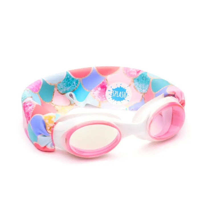 Splash Swim Goggles Mermaid with pink lenses, white strap, multicolor shell-print band