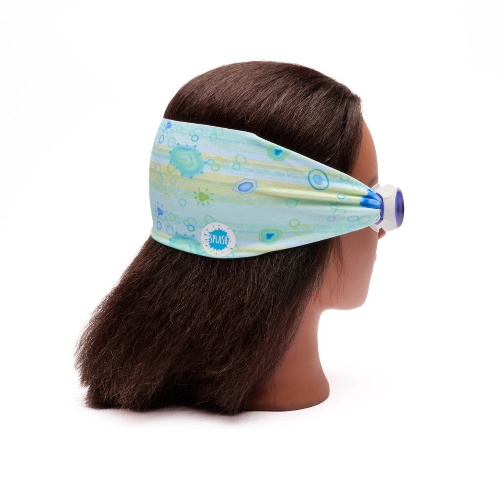 Splash Swim Goggles Sea Glass fabric headband with blue goggles on mannequin head