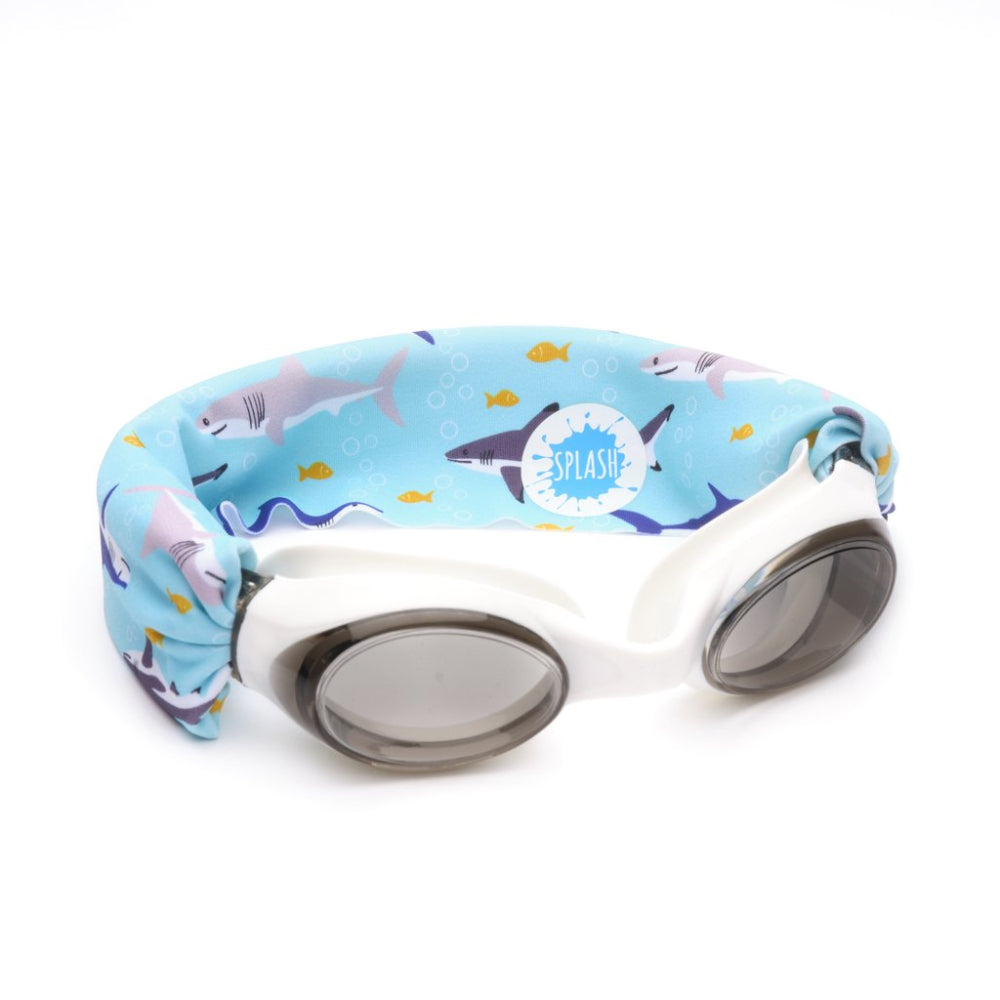 Splash Swim Goggles Shark Attack, blue shark-print strap, white frame