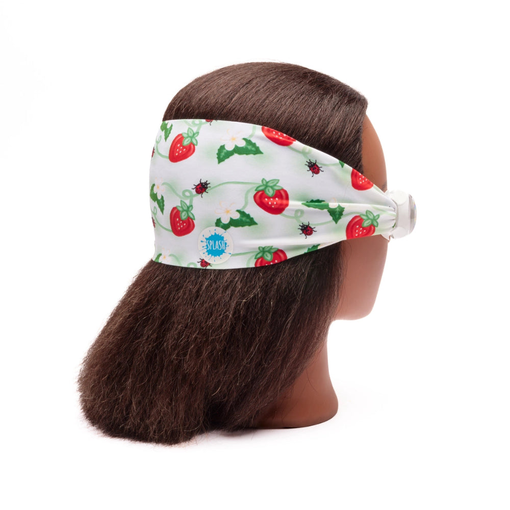 Splash Swim Goggles Strawberry Fields headband showcasing strawberry pattern and Splash emblem on a white backdrop