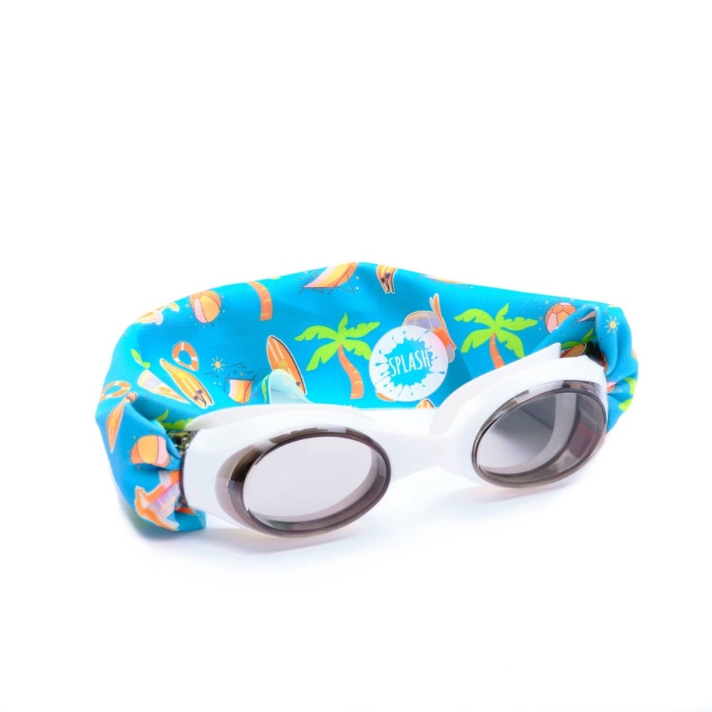 Splash Swim Goggles Surf Trip; white frame, dark lenses, blue tropical print strap
