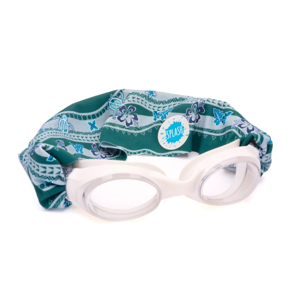 Splash Swim Goggles Turtle Turnpike with teal patterned strap and white frames