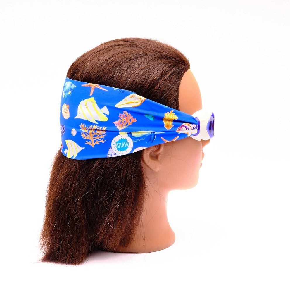 Splash Swim Goggles with blue sea-print headband and white frames