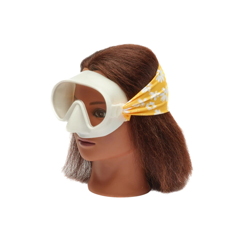 Splash Swim Mask Goggles Daisy Love with yellow daisy-pattern headband on mannequin head