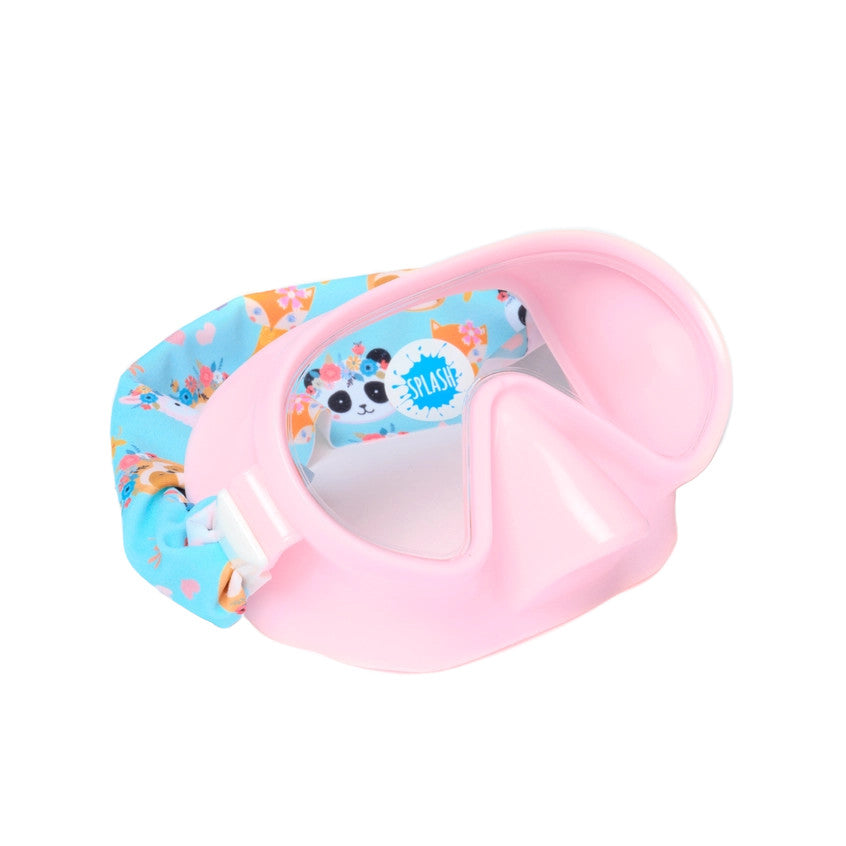 Splash Swim Goggles Forest Friends mask with pink frame and blue forest-pattern strap