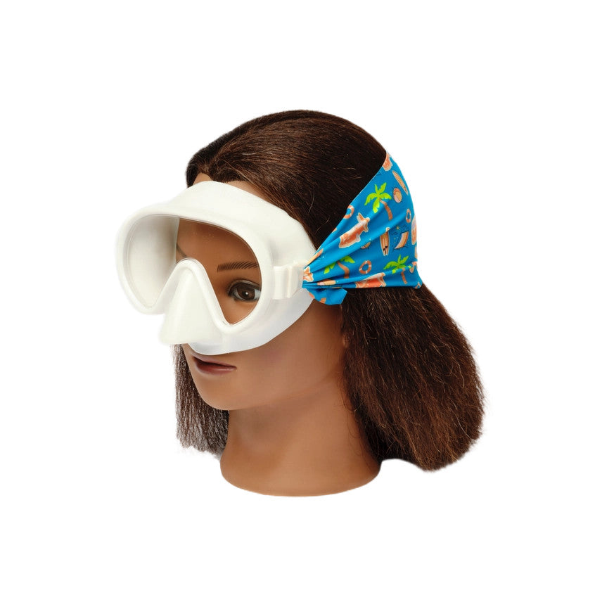 Splash Swim Mask Goggles for kids with white frame and blue tropical scarf headband by Splash Swim GOGGLES