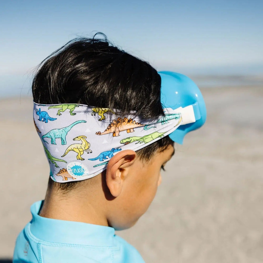 Splash Dino Swim Mask Goggles in Blue with dinosaur-print headband, side view