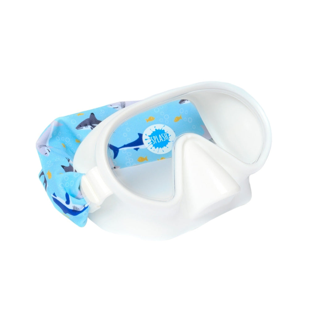 Splash Shark Attack Swim Mask Goggles in White frame with blue shark-pattern strap