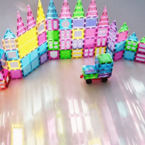 Sprout Tile Magnetic Building Tiles 100pcs; colorful translucent castle walls and a small SPROUT TILE vehicle